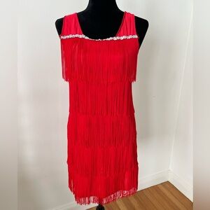 Vintage Elegant Red Fringe Silver Sequins Flapper Mini Dress Size Medium